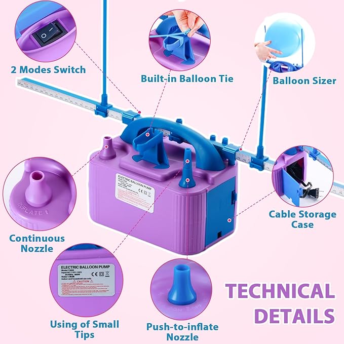 Party Zealot Electric Balloon Inflator Dual Nozzles with Balloon Sizer Air Pump US Standard Plug for Arch, Column Stand, Birthday, Wedding, Christmas, Graduation Party, and Party Decorations