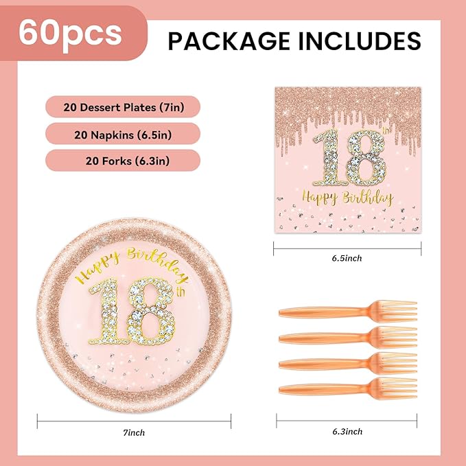 60 PCS 18th Birthday Decorations for Women, 18th Birthday Plates and Napkins Rose Gold Disposable Tableware Set Party Supplies for Women Cheers to 18 Years Anniversary (18TH)