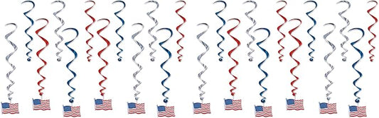 Beistle American Flag Whirls, Hanging Patriotic Stars and Stripes Decorations, Red, White & Blue Party Supplies for Fourth of July, Memorial Day