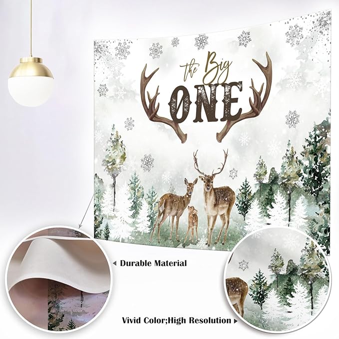 Mocsicka Deer 1st Birthday Backdrop Advenrture Winter Forest Deer Party Decoration The Big One Deer Antlers Rustic 1st Birthday Banner Bakground (Green, 10x7ft(120''x82''))