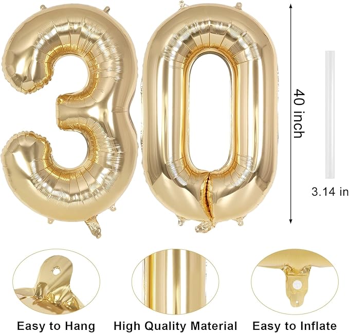 Champagne Gold Large Number 30 Balloon, 40 Inch Light Gold Foil Helium Number Balloons, Giant Mylar Number 30 Balloons for 30 Years Old Birthday Party Anniversary Decorations (Champagne Gold 30)