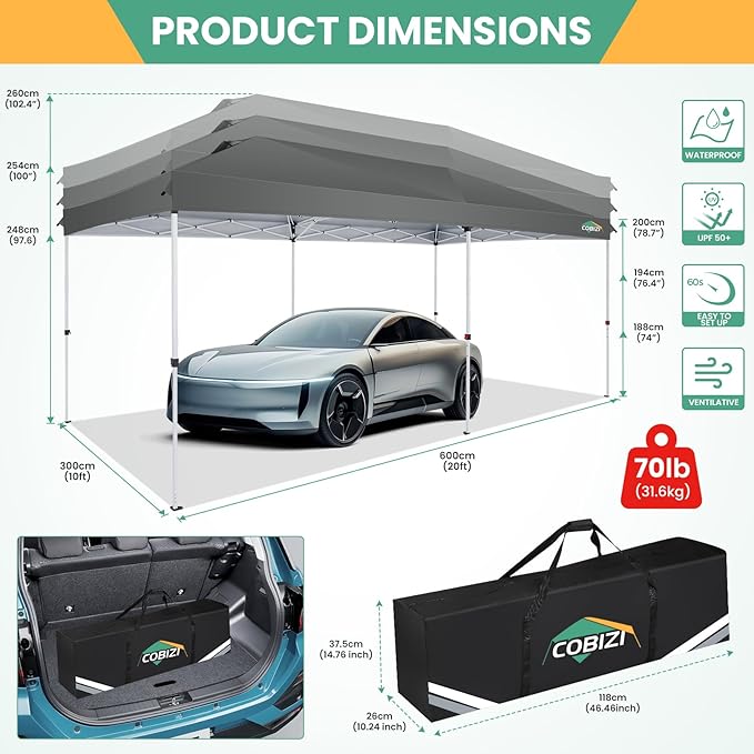 COBIZI 10x20 Pop Up Canopy Tent, One Push Easy Up Gazebo with 6 Removable Sidewalls & Air Vent, Waterproof UV50+ Commercial Canopy with 4 Sandbags, Stakes & Ropes for Parties/Wedding/Backyard,Gray