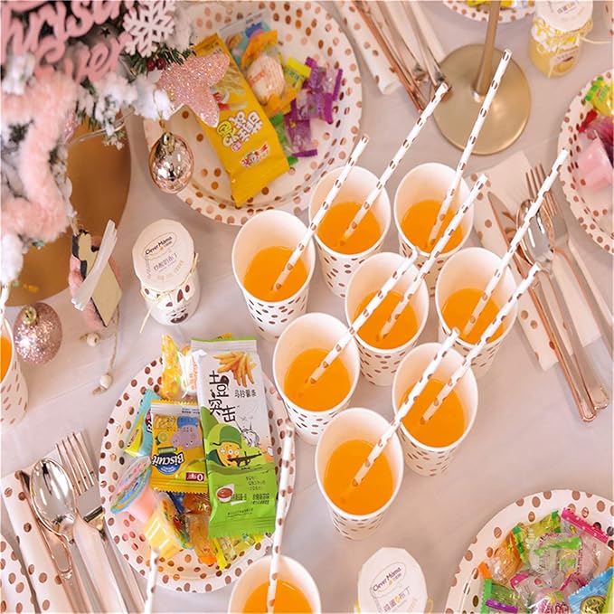 200Pcs Rose Gold Party Supplies - Rose Gold Dot on White Paper Plates and Napkins Cups Silverware Serves 25 Sets for Wedding Bridal Shower Engagement Birthday Parties.(Rose gold dot)