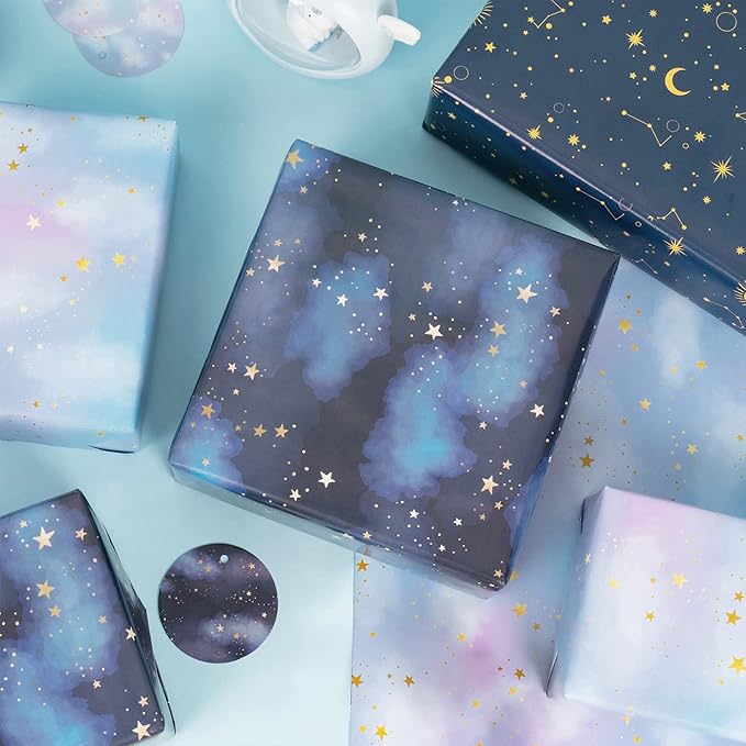 WRAPAHOLIC Neutral Galaxy Birthday Wrapping Paper Sheet - 12 Sheets Folded Flat with 12 Gift Tags for Birthday, Baby Shower, Father's Day, Christmas - 19.7 Inch X 27.5 Inch Per Sheet