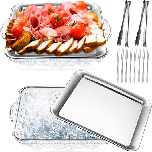 Baderke 2 Set 9" Chilled Serving Tray for Parties with Compartments Ice Chilled Party Platter Charcuterie Serving Board Cold Dish Dip with Forks Tongs for Fruit Seafood Vegetable Appetizer(Silver)
