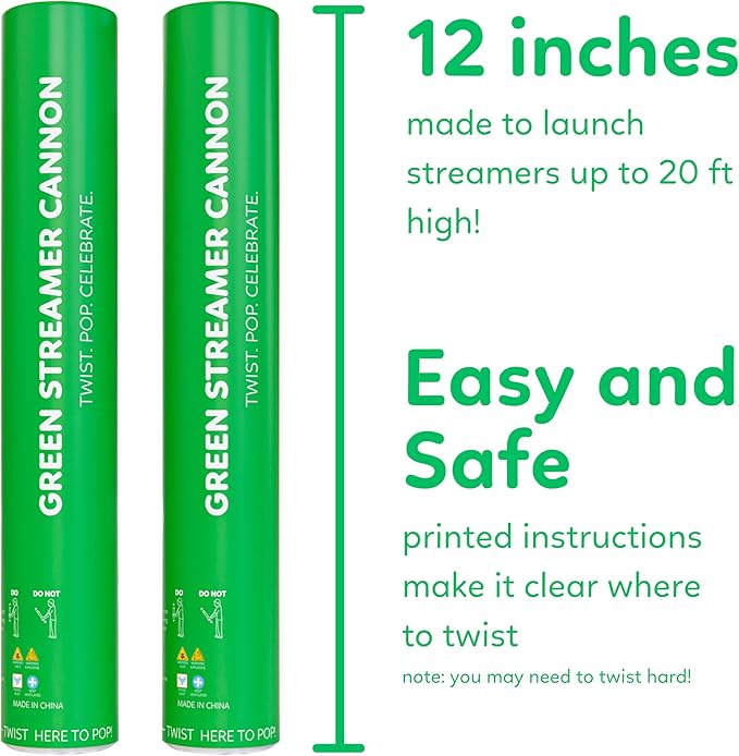 2 Pack Streamer Cannon Confetti Poppers | Biodegradable Green Confetti | TUR Party Supplies | Launches Up to 25ft | Giant (12 in) | Party Poppers for Graduation, Birthdays, Weddings, and Memorial Day