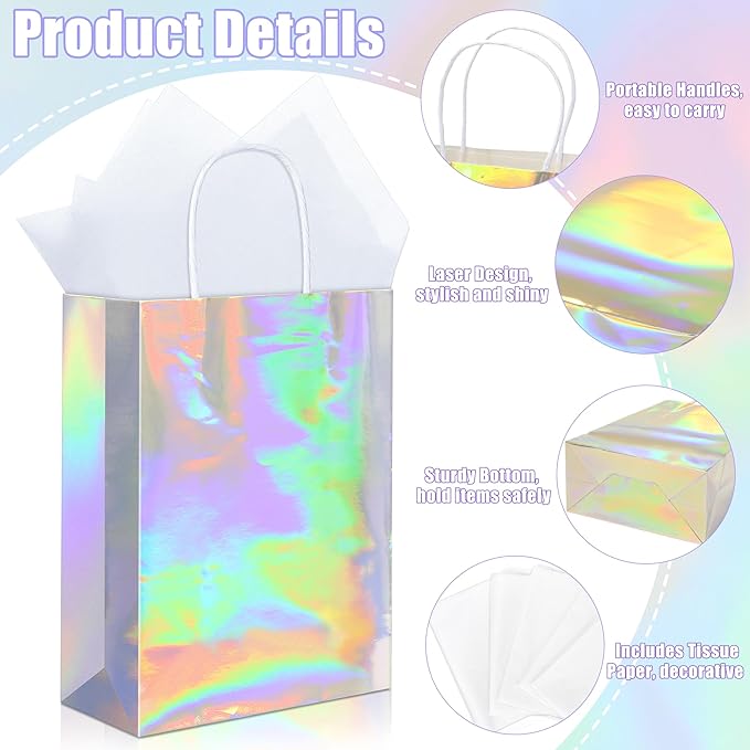 MIMIND 24 Pack Iridescent Paper Gift Bags with Handles Holographic Party Favor Bags with Tissue Paper 8.7 x 6.3 x 3.1 Inch Glitter Silver Foil Goodie Candy Bag for Wedding Birthday Parties