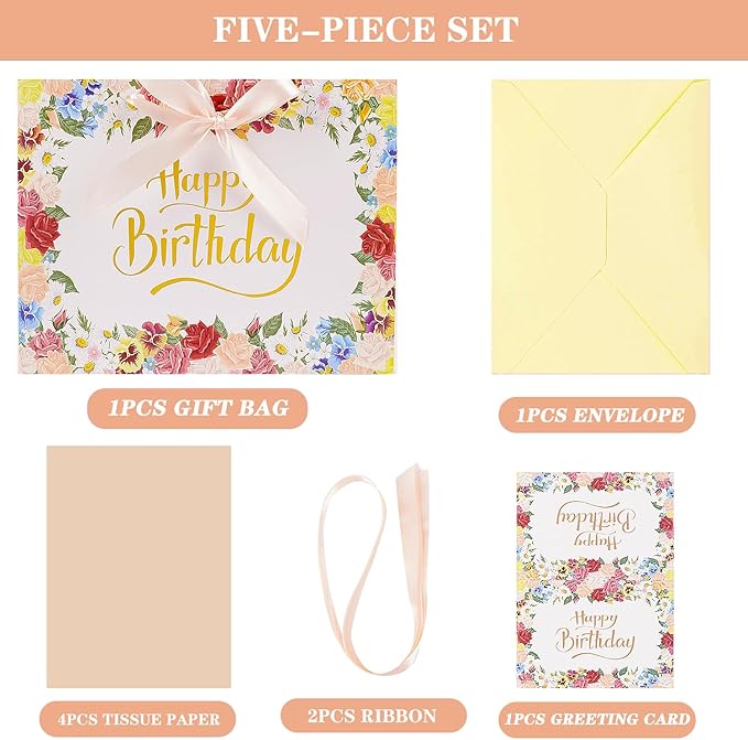 Jaywayang Large Happy Birthday Gift Bag with Card Envelope and Tissue Paper for Women Girls - 12.6"x10"x5.1" Floral Design with Ribbon Handles.