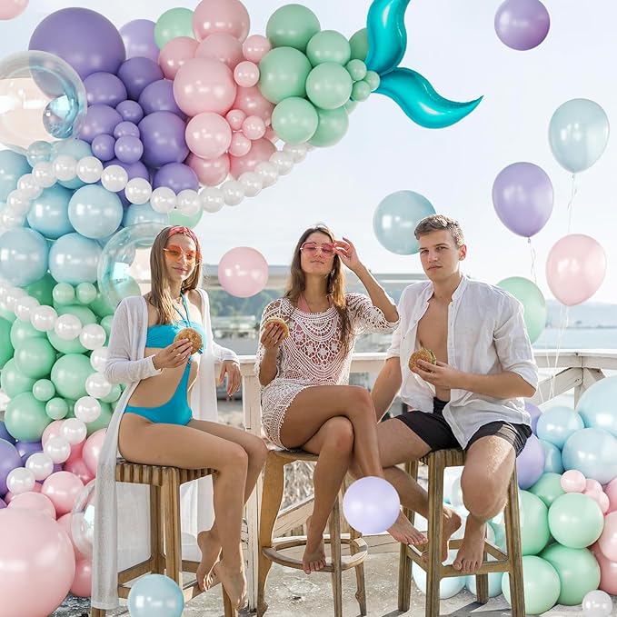CROSSFINGERS Mermaid Balloon Garland Arch Kit,145pcs Purple Pastel Pink light Blue Balloons with Mermaid Tails Foil Balloons for Birthday Gender Reveal Baby Shower Ocean Themed Party Decorations