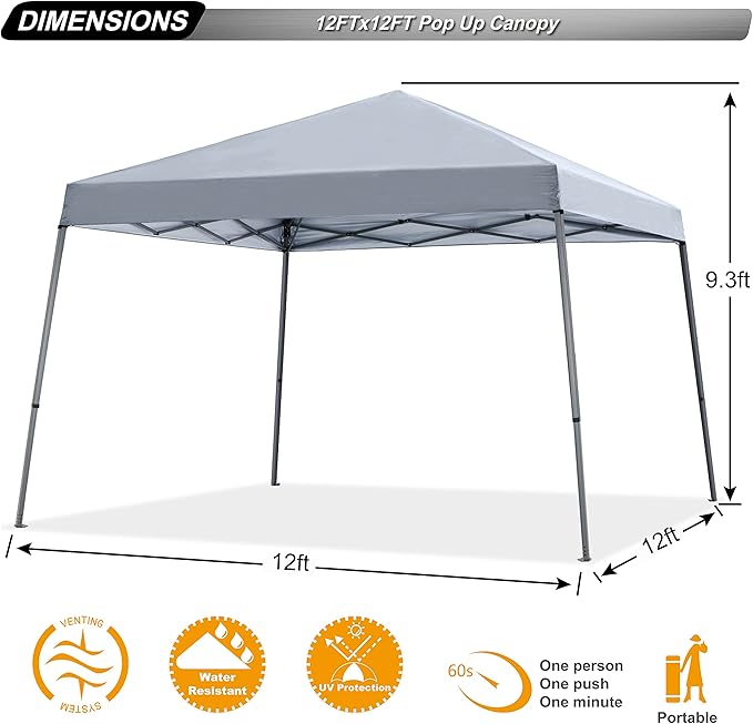 ABCCANOPY Stable Pop up Outdoor Canopy Tent 12 x 12 ft Base / 10 x 10 ft Top, Gray