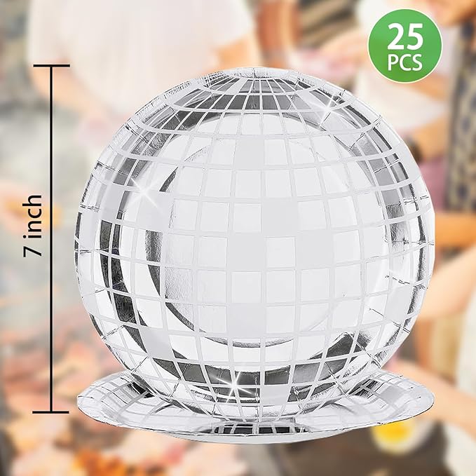 FunisFun Disco Plates 25P Disposable Disco Ball Plates for 70s Disco Party Decorations Wedding Birthday Bachelorette Party 7"