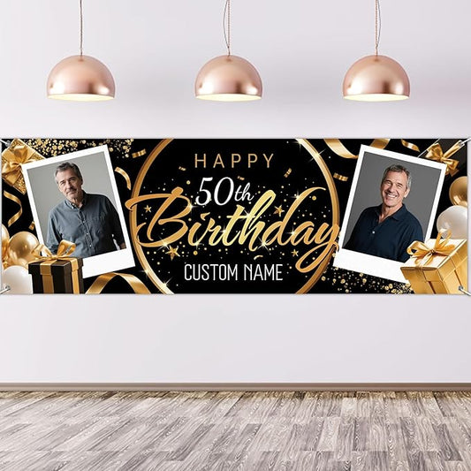 Dicodes Personalized Happy Birthday Banner with Name Custom Photos Birthday Photography Background Decorations Party Supplies for Women Men (Black and Gold-2 Photo)