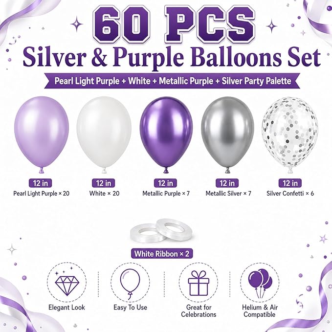 Purple and Silver Balloons 60PCS Pastel Purple Balloons, 12 Inch Metallic Silver Confetti and White Latex Balloon for Girls Women Birthday Wedding Baby Shower Bridal Shower Graduation Party Decor