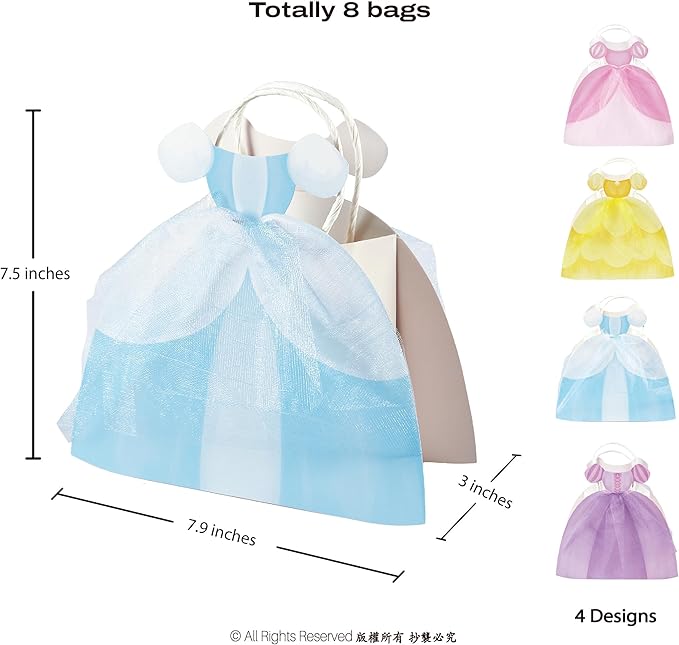 Cheerland Princess Party Gift Bags Cute Dress Bag Gown Shaped Goodie Treat Bag Royal Theme Decorations for Baby Shower Gender Reveal Sleepover Princess Themed Girls Birthday Party Favor Supplies 8pcs