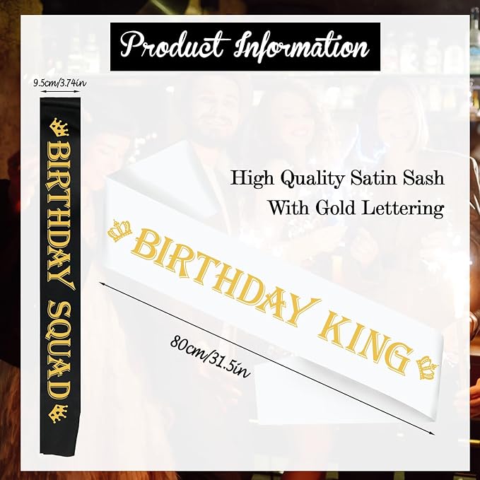 7 Pcs Birthday King Sash and Birthday Squad Sashes Set, Funny Bday Sashes for Men Bday Party Supplies Gifts Favors, Black+White (Gold Letters)