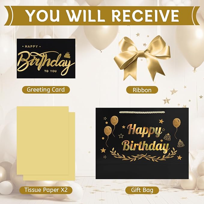 JMANNI Black Gold Happy Birthday Gift Bag with Card and Tissue Paper, 12.6"×9.84"×3.9" Elegant Present Bag for Men Women, Year Old Birthday Keepsake Party Supplies