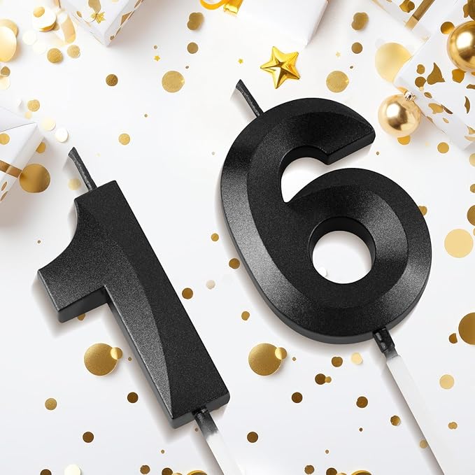 Number 16 Birthday Candles, 1.96 Inch Happy Birthday Cake Candles Cupcakes Topper Decoration for Birthday Party Wedding Anniversary Celebration Supplies (Black)