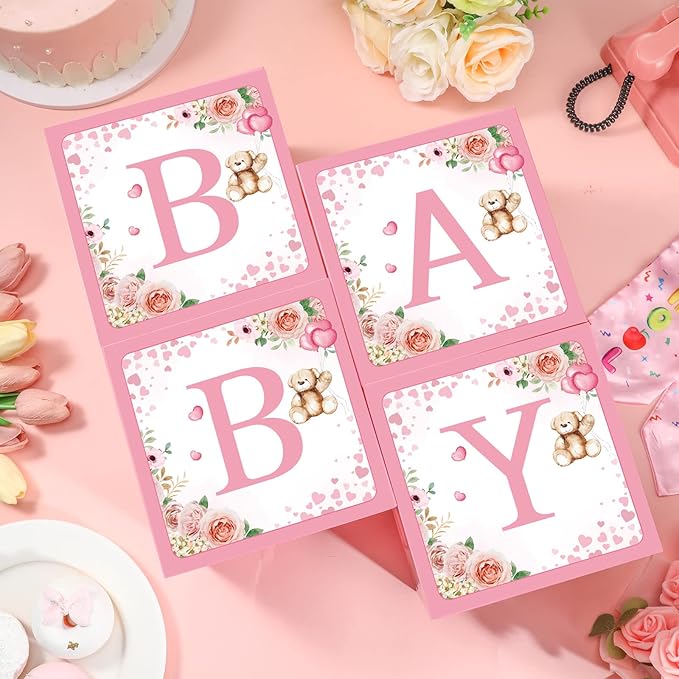 Bucherry 6 Pcs Baby Shower Centerpieces with Letters, 7" Baby Blocks Flower Boxes for Table Decorations, Gender Reveal Party Supplies & Photo Props(Pink,Pink Bear)