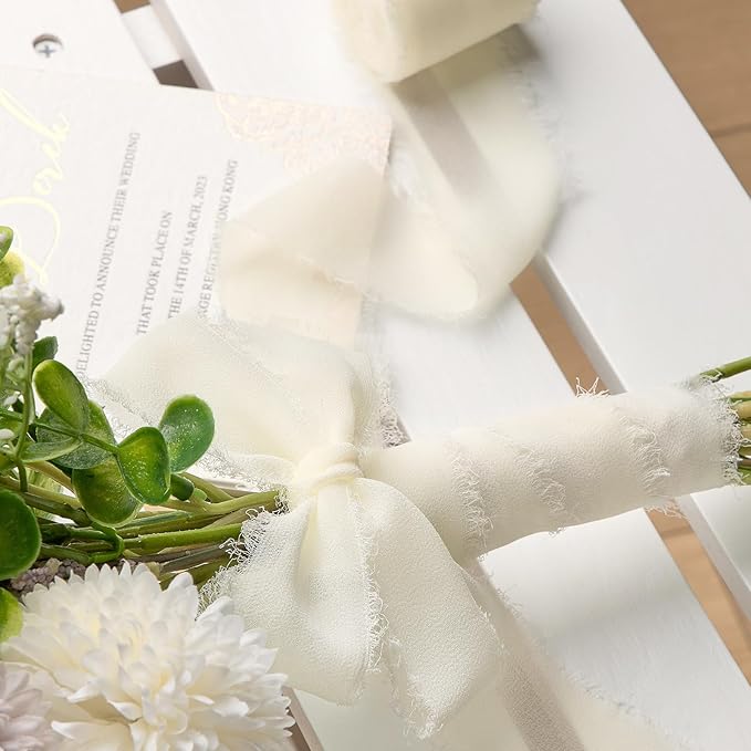 Ivory Chiffon Ribbon 1.5" x 21 Yd Handmade Fringe Silk Chiffon Fabric Ribbon for Gift Wrapping Wedding Invitation Bridal Flower Bouquet DIY Crafts Home Decor