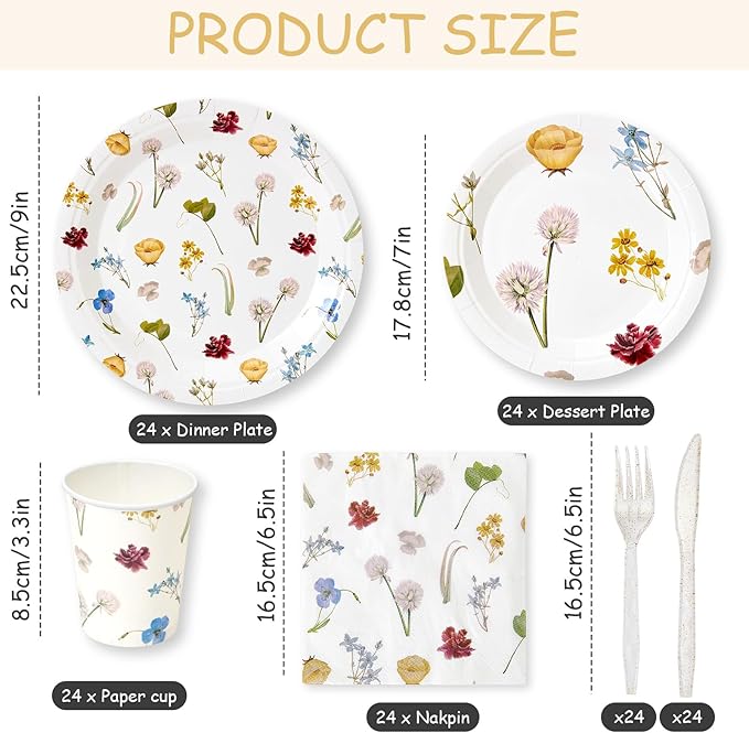 144Pcs Spring Wildflower Party Supplies Birthday Decorations Paper Plates Napkins Vintage Puppy Party Tableware Disposable Dinnerware Set for Baby In Bloom Baby Shower Decoration Decor, Serve 24
