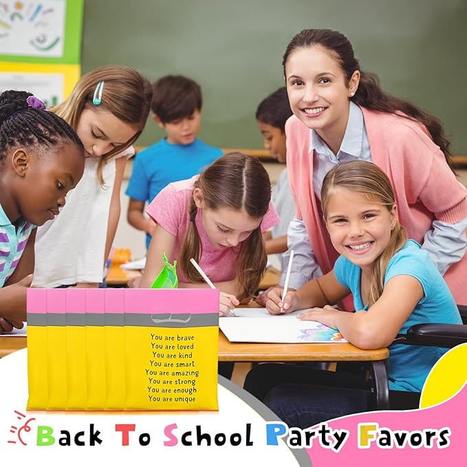 Coume 100 Sets End of the Year Gifts Bags for Students 6 Colors Inspiration Quotes Plastic Party Favors Treat Bags with Handles Birthday Party Favors, 6" x 8"