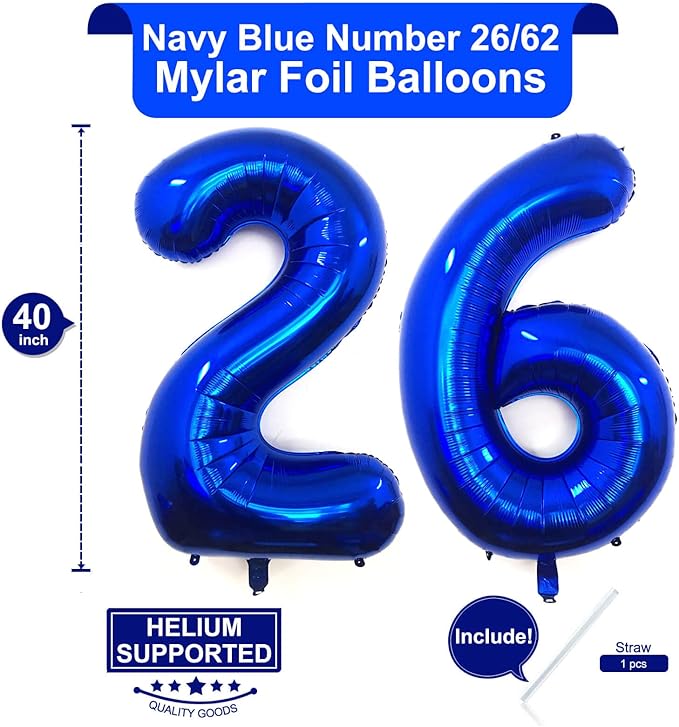 40 Inch Navy Blue 26 Number Balloons Giant Jumbo Huge 26 or 62 Foil Mylar Helium Number Digital Balloons Dark Blue Birthday Mylar Digital Balloons 26th or 62th Birthday Anniversary Events Party