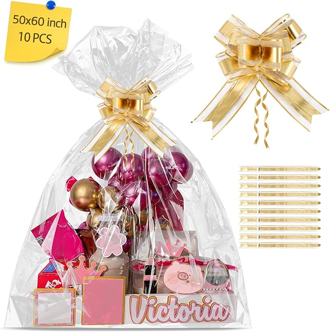 10 Pcs Extra Large Cellophane Bags 50x60 Inches for Gift Baskets, Clear Gift Basket Wrap with 10 Gold Ribbons, Food-Safe Plastic Packaging for Valentine's Day,Christmas,Weddings,Auctions