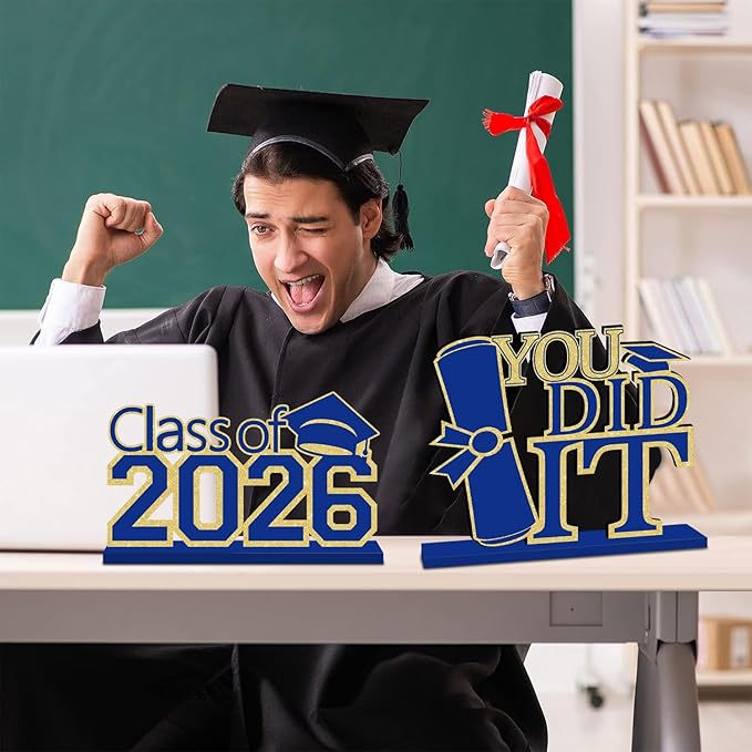 4Pcs Blue and Gold Graduation Decorations Class of 2026 Congrats Grad Wooden Table Centerpieces Grad Table Decorations for Graduation Centerpieces