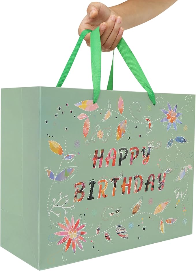 Qirrmiy 13” Large Happy Birthday Gift Bag Set with Handles, Greeting Card, Tissue Papers and Stickers for Women Girls, Green Floral Design, 1 Pcs