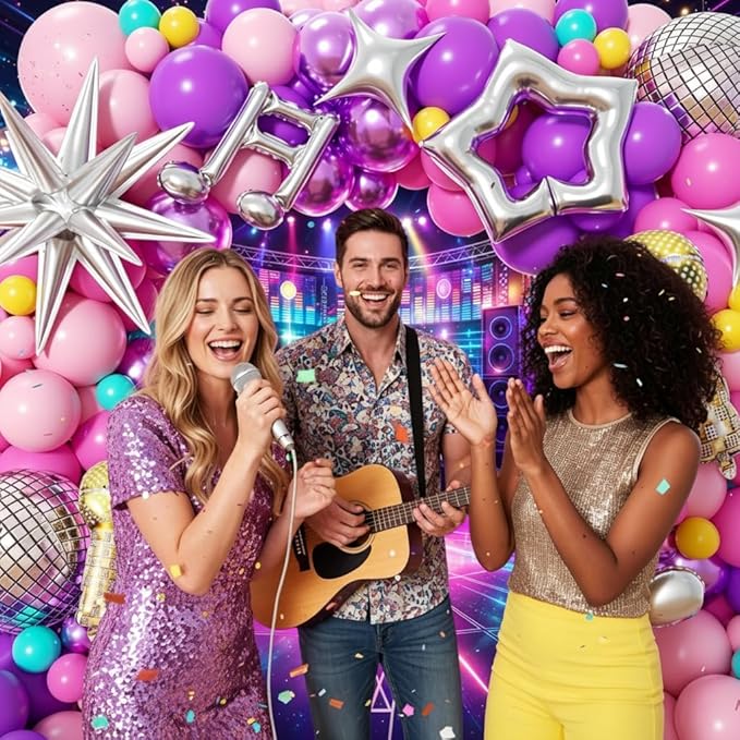 Kpop Balloon Garland Arch Kit 160Pcs with Star Microphone Disco Musical Symbols Foil Balloons, Songster Birthday Decoration for Music Fans Popular Singer Birthday Princess Party Decorations