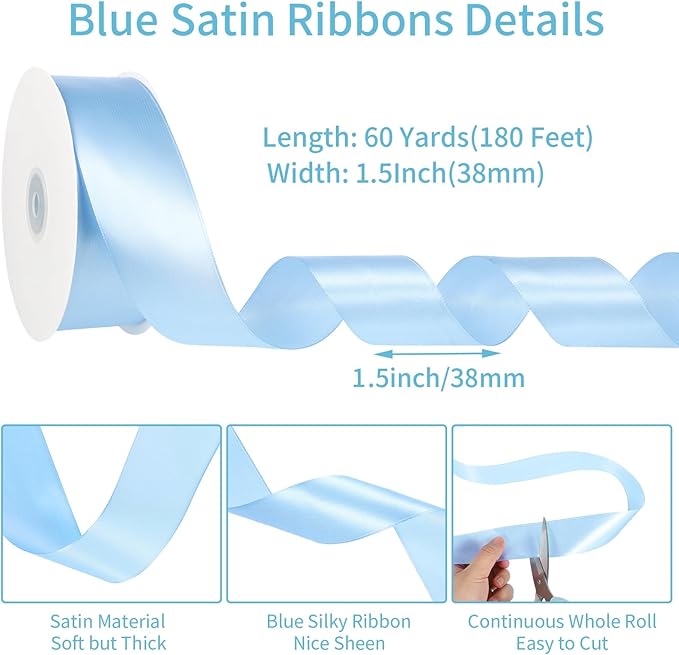 woric Blue Ribbon 1 1/2 Inch 60 Yards Light Baby Blue Satin Ribbon for Baby Bridal Shower Party Favors Wedding Decor Mothers Day Graduation Leis Crafts Flower Bouquet