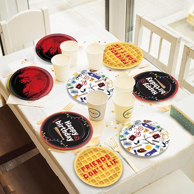 48Pcs Spooky Rustic Alphabet Party Supplies 7In Spooky Forest Birthday Paper Plates Disposable Retro Light Bulbs Pancake Dessert Plate Tableware for Halloween Horror 80s Birthday Decorations Favor