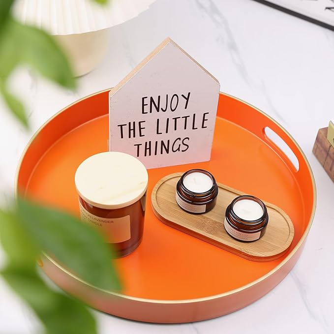 Orange Round Decorative Tray with Handles, 13" Versatile Serving Tray for Coffee Table, Ottoman, Ideal for Serving, Displaying, Organizing
