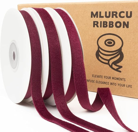 Burgundy Velvet 3/8 Inch x 21Yd Double Faced Thin Velvet Ribbon for Christmas Tree Ornaments Gift Wrapping Wedding Decoration Wreath & Hair Bows Making