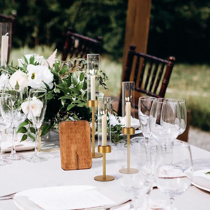 Glass Hurricane Candle Holders Set of 6-Gold Metal Base Taper Candle Stick Holders for CandlesticksHolder Decor, Elegant Dining Table Centerpiece for Wedding, Christmas & Home Decor