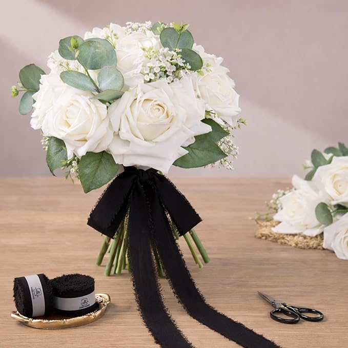 DORIS HOME Black Chiffon Ribbon for Flower Bouquet, 1" x21Yd Fabric Ribbon for Gift Wrapping, Handmade Frayed Ribbon for Wedding Invitations/Christmas Decorations
