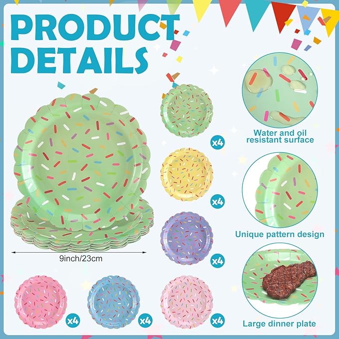 Mimorou 48 Pcs Donut Plates and Napkins Party Supplies Confetti Sprinkle Paper Plates Disposable Cocktail Napkins for Sprinkle Ice Cream Party Supplies Baby Shower Decorations for 24 Guest (Scalloped)