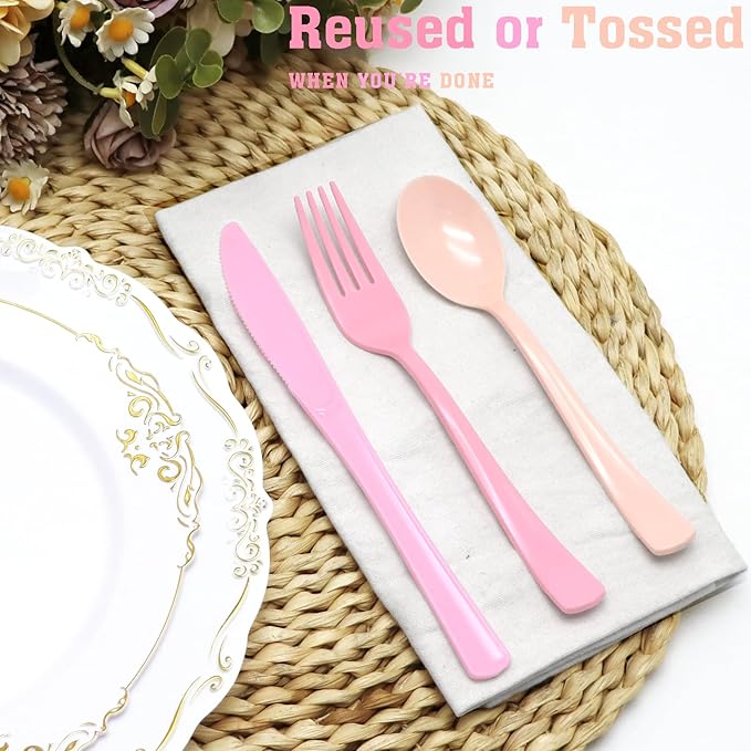 180 PCS Pink Plastic Silverware, Pink Plastic Cutlery Set Disposable 60 Forks, 60 Knives, 60 Spoons for Birthday, Valentine's Day, Baby Shower, Bridal Shower