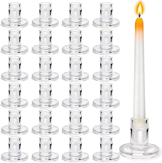24 Pack Clear Glass Taper Candle Holders, 2.5 Inch Small Candlestick Stands for for Candle Sticks Christmas Party Living Room Dinner Advent Decoration (24)