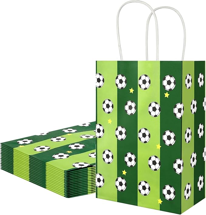 Ethanberg 20Pcs White Soccer Party Favor Bags with Handles, Soccer Themed Kraft Paper Gift Bags Candy Snack Bag, Green Goodie Bag for Sport Team Ball Events Theme Birthday Party Supplies