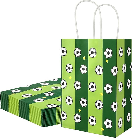 Ethanberg 20Pcs White Soccer Party Favor Bags with Handles, Soccer Themed Kraft Paper Gift Bags Candy Snack Bag, Green Goodie Bag for Sport Team Ball Events Theme Birthday Party Supplies