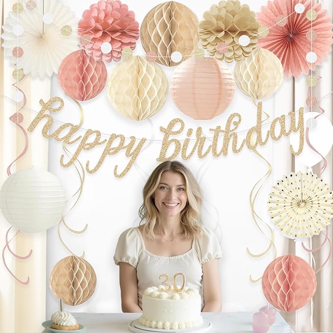Boho Pink Happy Birthday Decorations for Women Girls, Pre-Strung Happy Birthday Banner with Honeycomb Balls, Paper Flowers, Lanterns, Fans, Hanging Swirls, Circle Dots Garland for Party 24pcs