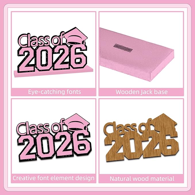 4Pcs Pink Graduation Decorations 2026, Wooden Table Centerpieces Class of 2026 Table Toppers Congrats Grad Tiered Tray Decor for Graduation Centerpieces for Table