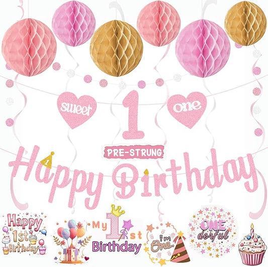 Pink First Birthday Decorations for Girl, Pre-Strung Sweet One and Happy Birthday Banner with Honeycomb Balls, Hanging Swirls, Circle Dots Garland for 1st Birthdays Decorations Girl 21pcs