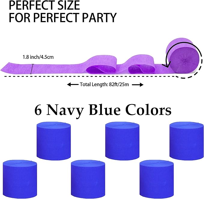 6 Rolls 492ft Colorful Crepe Paper Streamers,Pack of Paper Party Streamers for Navy Blue Party Decorations, Birthday Decorations, Wedding Decorations (1.8 Inch x 82 Ft/Roll)