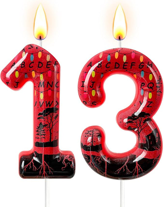 Red Number 13 Birthday Candle for Cake – Dark Horror Style with Alphabet Print & Shadow Design – Unique Cake Topper for Birthday, Anniversary, Themed Party Decoration