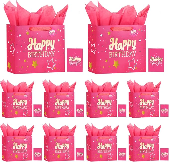 Powbrace 13" Pink Happy Birthday Gift Bag with Tissue Paper and Greeting Card for Party,Happy Birthday Gift Bag for Men Women,Gift Bags Medium size(10 PCS Pink Hot Stamping)