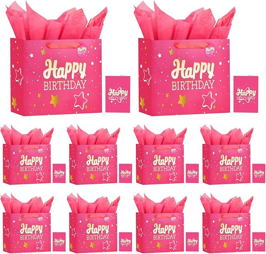 Powbrace 13" Pink Happy Birthday Gift Bag with Tissue Paper and Greeting Card for Party,Happy Birthday Gift Bag for Men Women,Gift Bags Medium size(10 PCS Pink Hot Stamping)