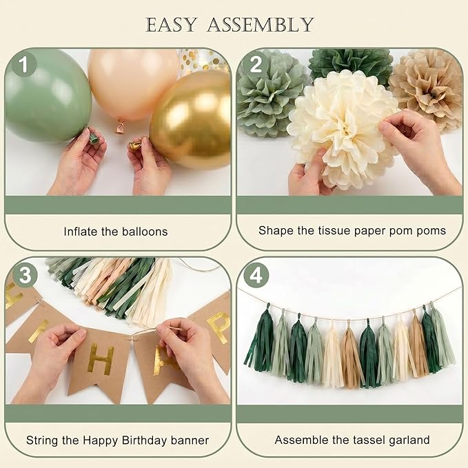 ANSOMO Sage Green Happy Birthday Party Decorations Retro Green Nude Ivory Dark Olive Kraft Paper Banner Balloons Neutral Rustic Boho Blush Safari Botanical Greenery Wild Décor Supplies Women Adults