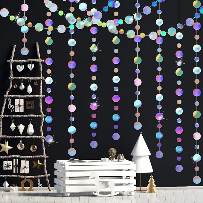 Outus 5 Pieces Laser Silver Round Dots Garland Graduation Party Hanging Decor Each Length 13.1ft Glitter Paper Dot Streamers for Birthday Wedding Classroom Supplies